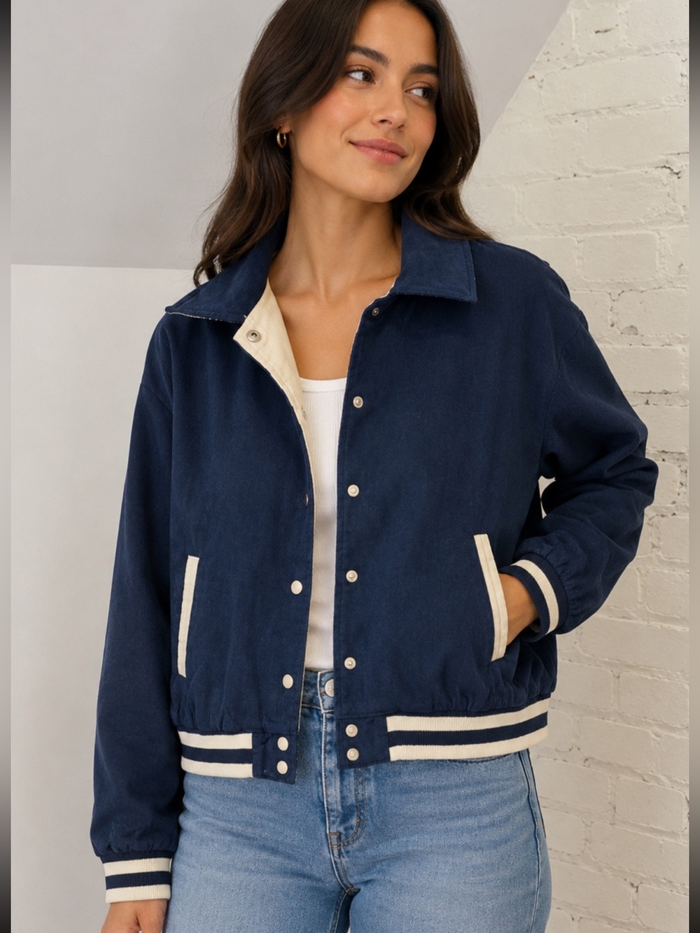 Blu Pepper Corduroy Cropped Varsity Bomber Jacket Womens Navy Cream Size Medium